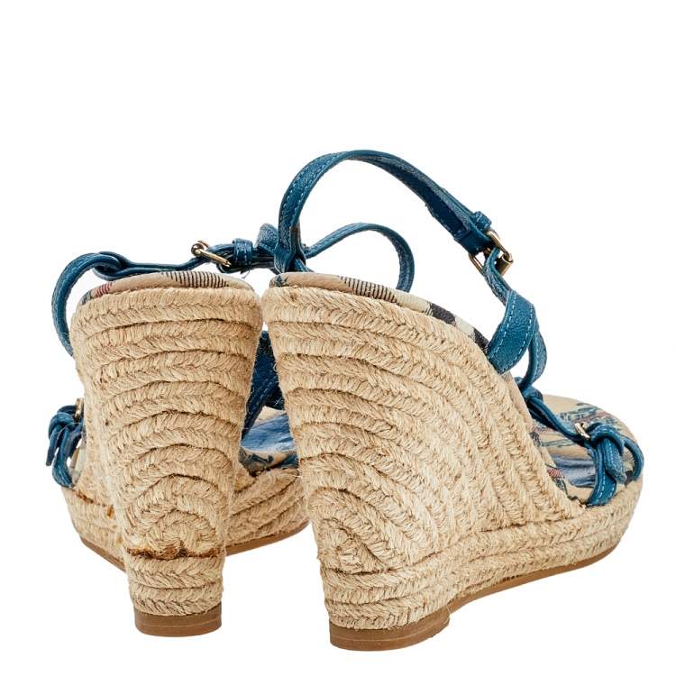 Pre Owned Burberry Blue Leather Strappy Espadrille Platform Wedge Sandals Size 37