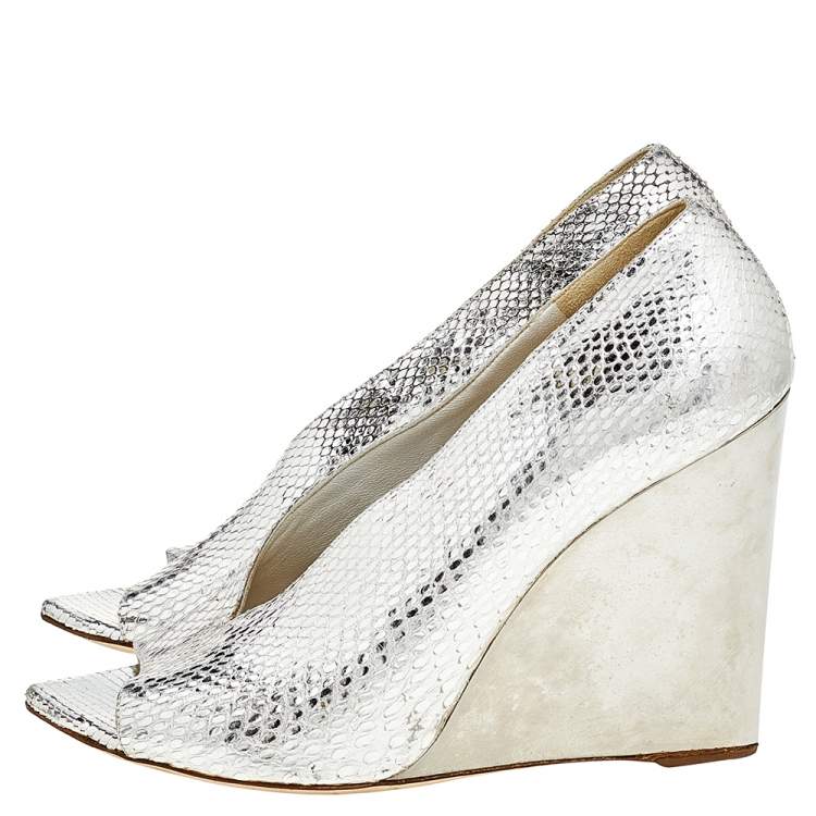Pre Owned Burberry Gold Python Leather Wedge Pumps Size 38