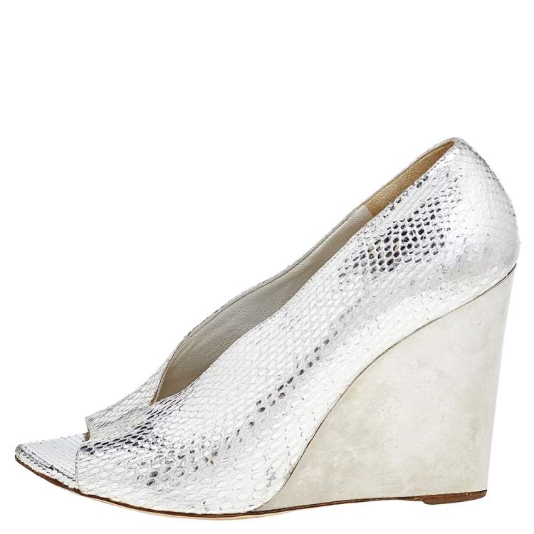 Pre Owned Burberry Gold Python Leather Wedge Pumps Size 38