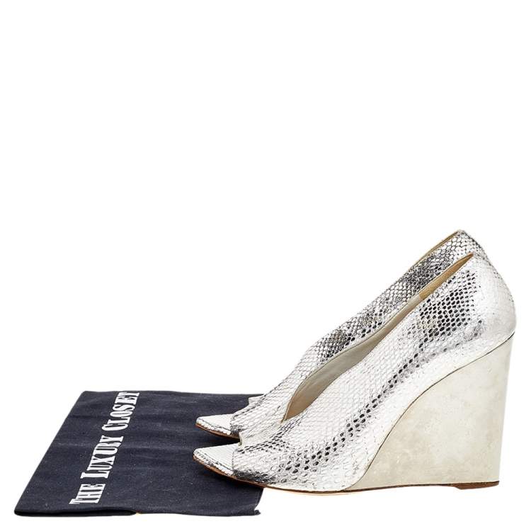 Pre Owned Burberry Gold Python Leather Wedge Pumps Size 38