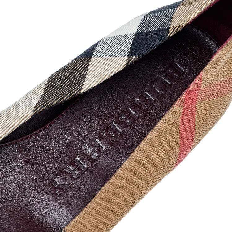 Pre Owned Burberry Beige/Burgundy Nova Check Canvas And Leather Ballet Flats Size 35