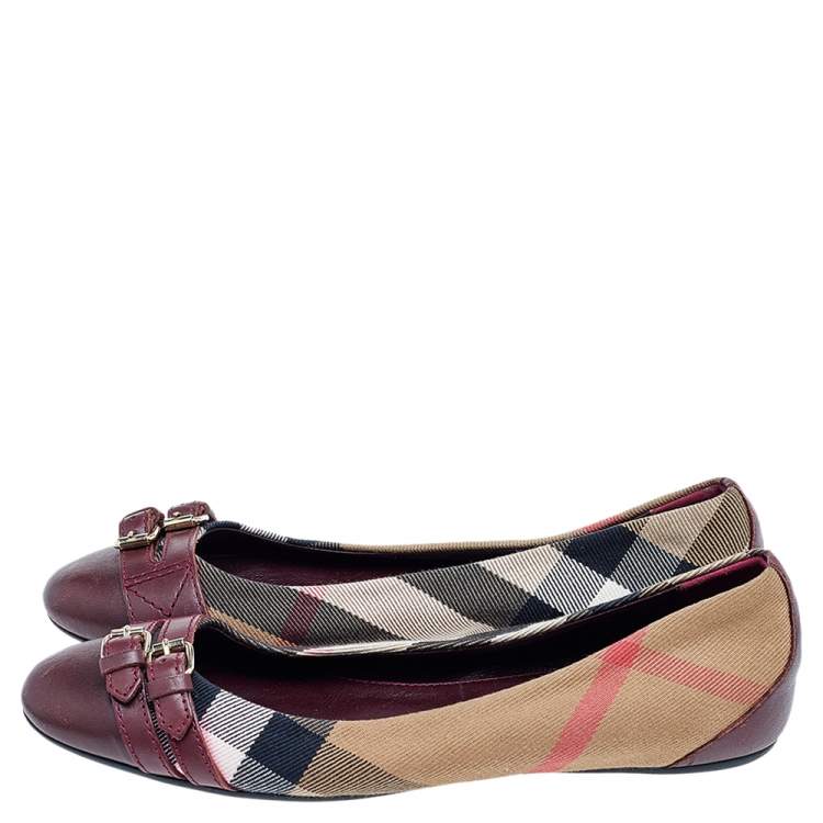 Pre Owned Burberry Beige/Burgundy Nova Check Canvas And Leather Ballet Flats Size 35
