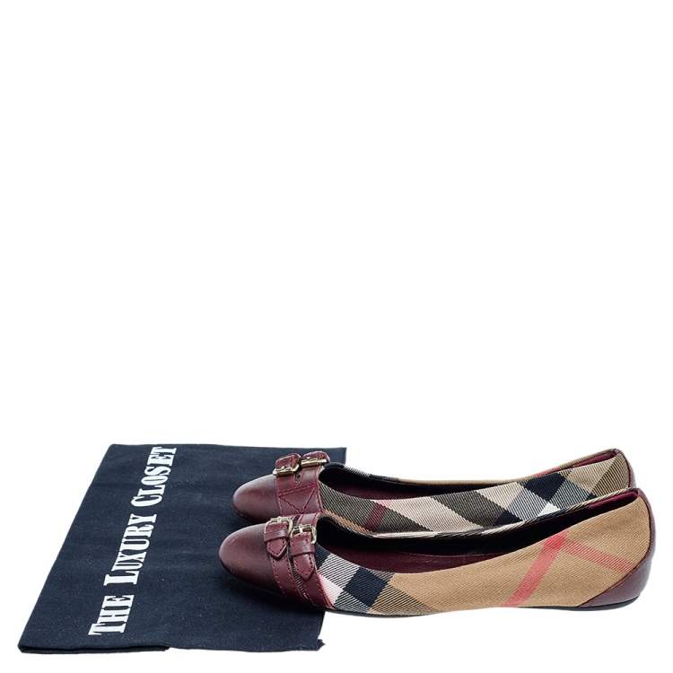 Pre Owned Burberry Beige/Burgundy Nova Check Canvas And Leather Ballet Flats Size 35