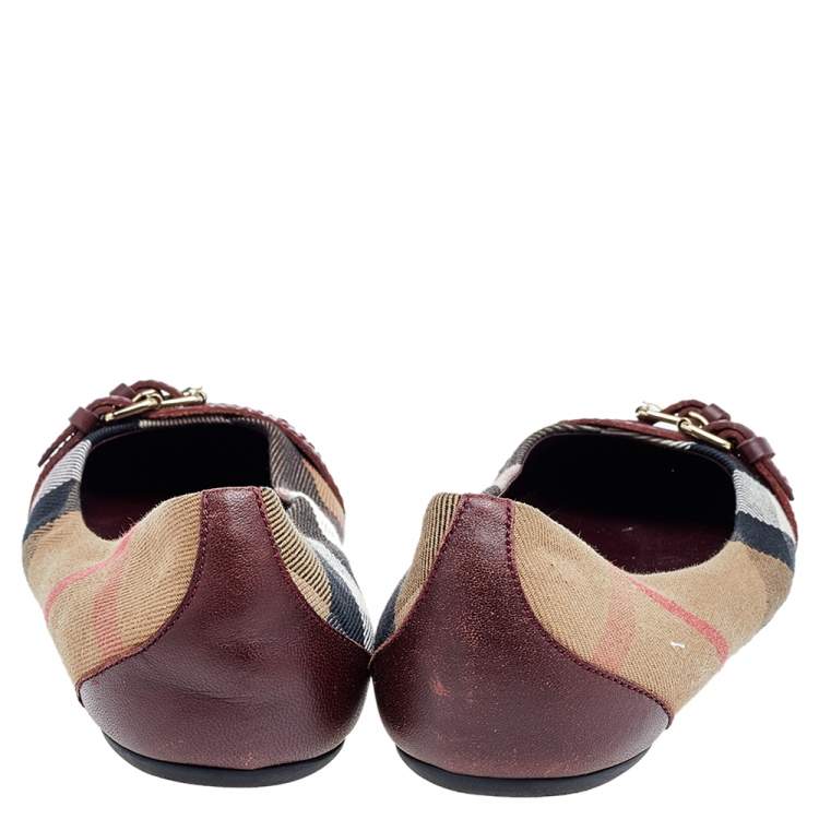 Pre Owned Burberry Beige/Burgundy Nova Check Canvas And Leather Ballet Flats Size 35
