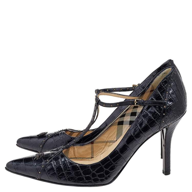 Pre Owned Burberry Black Croc Embossed Leather Pumps Size 40