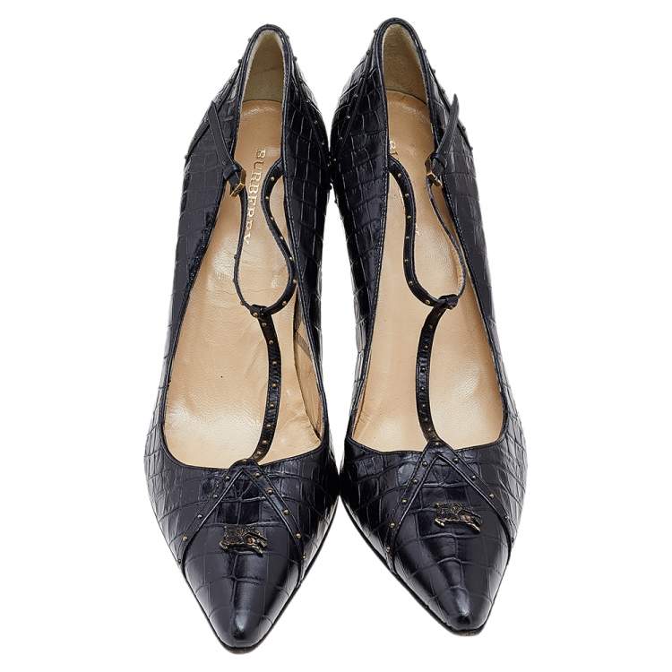 Pre Owned Burberry Black Croc Embossed Leather Pumps Size 40