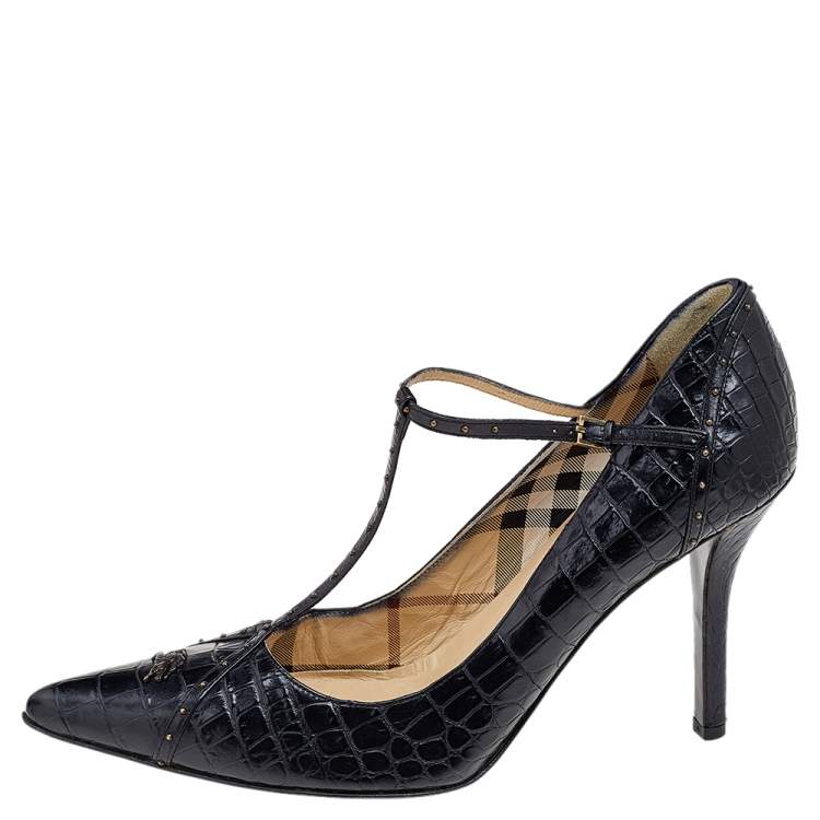 Pre Owned Burberry Black Croc Embossed Leather Pumps Size 40