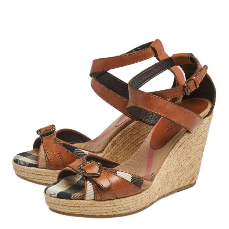 Pre Owned Burberry Tan Leather Ankle Strap Espadrille Wedges Sandals Size 37