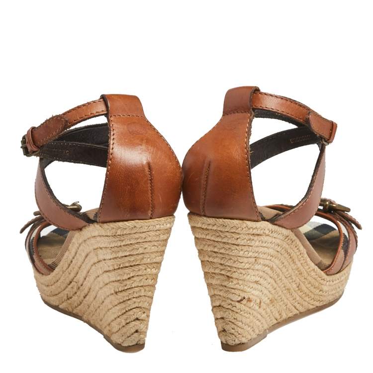 Pre Owned Burberry Tan Leather Ankle Strap Espadrille Wedges Sandals Size 37