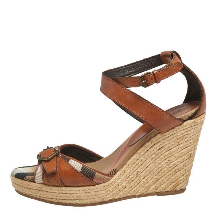 Pre Owned Burberry Tan Leather Ankle Strap Espadrille Wedges Sandals Size 37