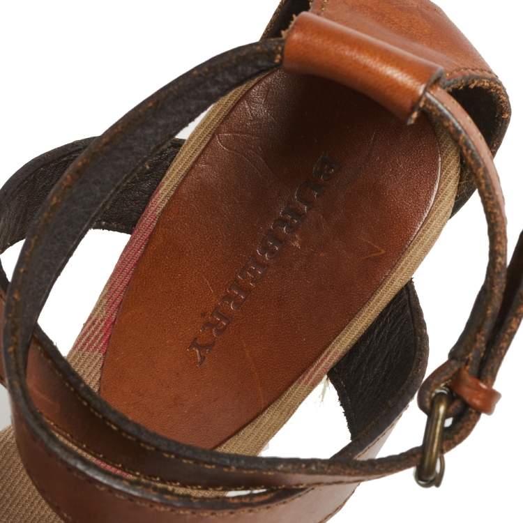 Pre Owned Burberry Tan Leather Ankle Strap Espadrille Wedges Sandals Size 37