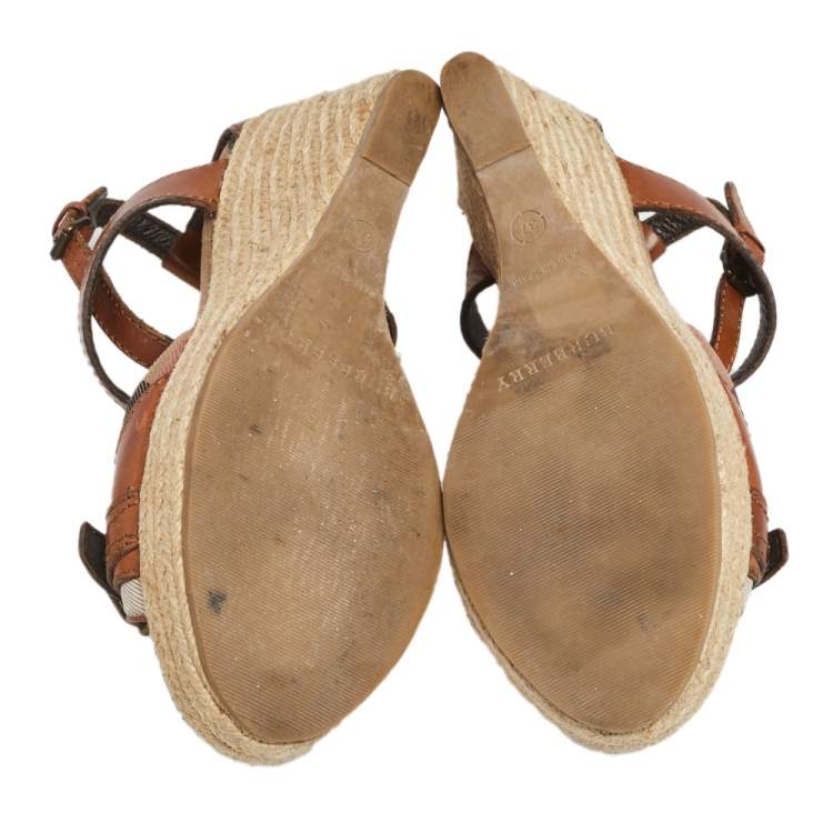 Pre Owned Burberry Tan Leather Ankle Strap Espadrille Wedges Sandals Size 37