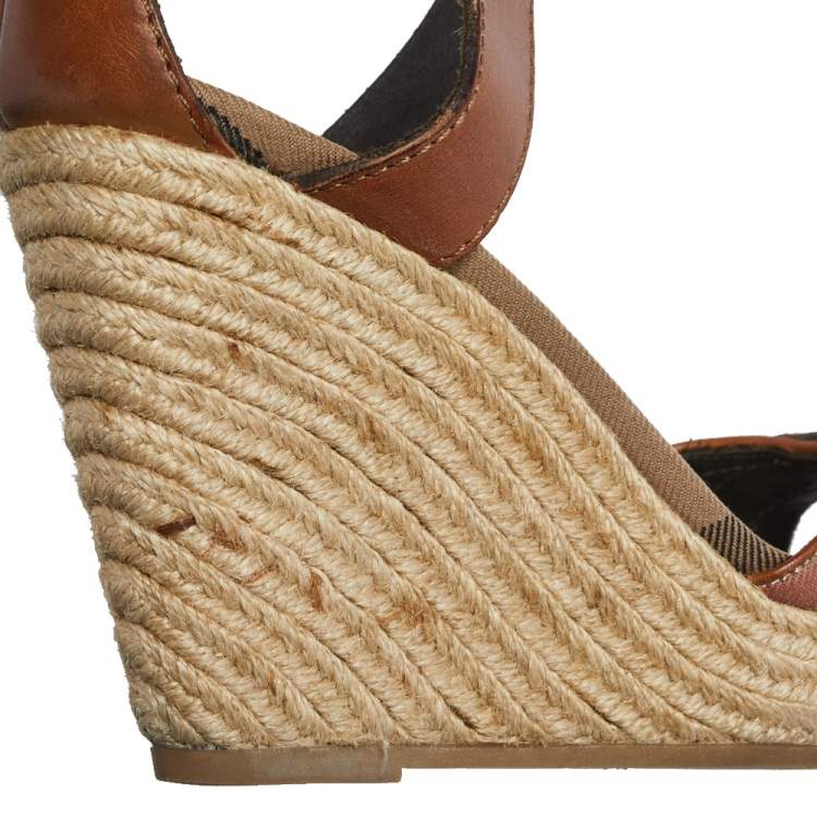 Pre Owned Burberry Tan Leather Ankle Strap Espadrille Wedges Sandals Size 37