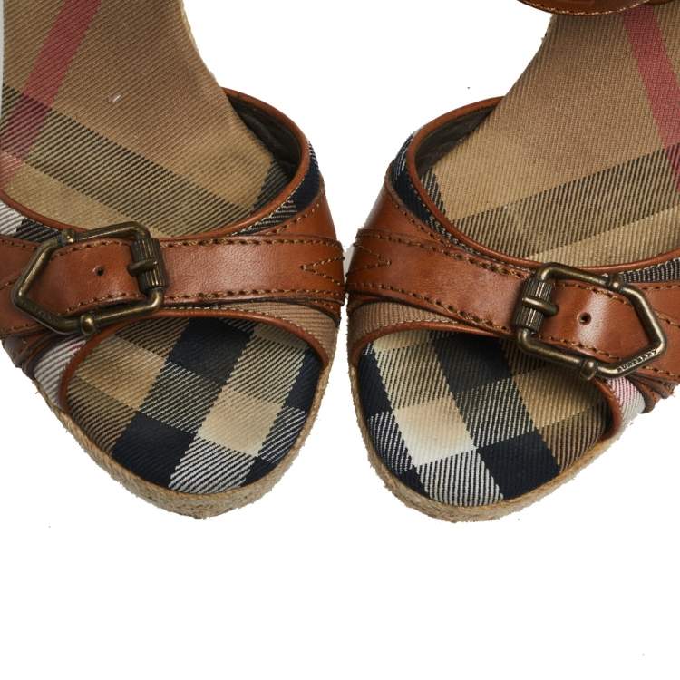 Pre Owned Burberry Tan Leather Ankle Strap Espadrille Wedges Sandals Size 37