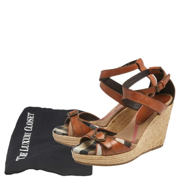 Pre Owned Burberry Tan Leather Ankle Strap Espadrille Wedges Sandals Size 37