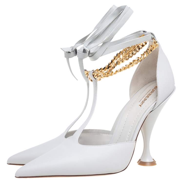 Pre Owned Burberry Grey Leather Chain Detail Ankle Wrap Pointed-Toe Pumps Size 39.5