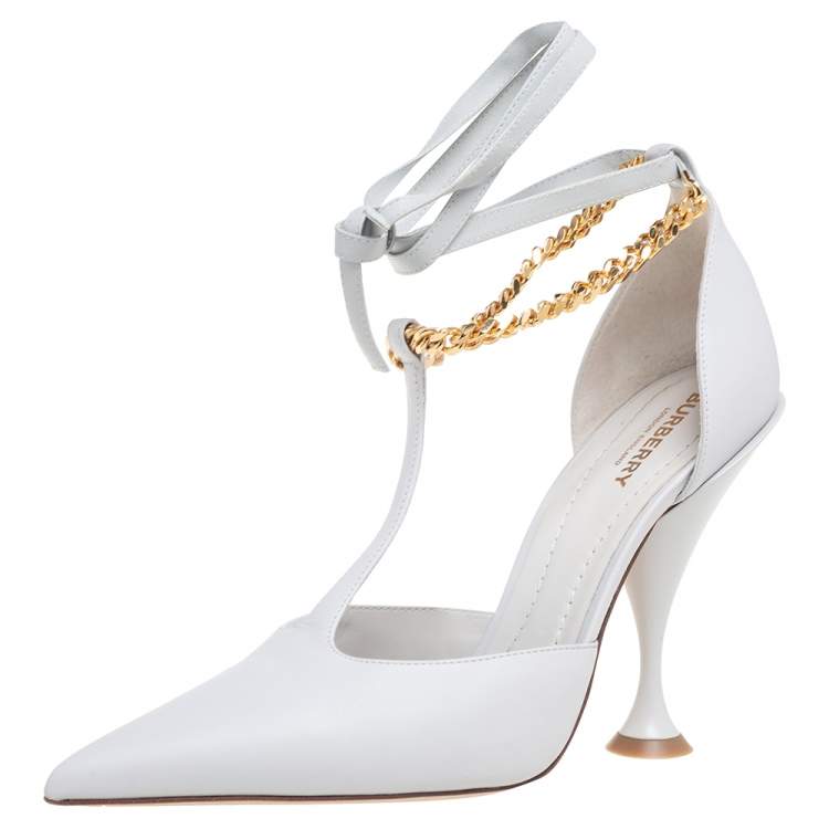 Pre Owned Burberry Grey Leather Chain Detail Ankle Wrap Pointed-Toe Pumps Size 39.5