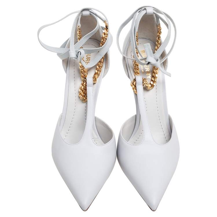 Pre Owned Burberry Grey Leather Chain Detail Ankle Wrap Pointed-Toe Pumps Size 39.5