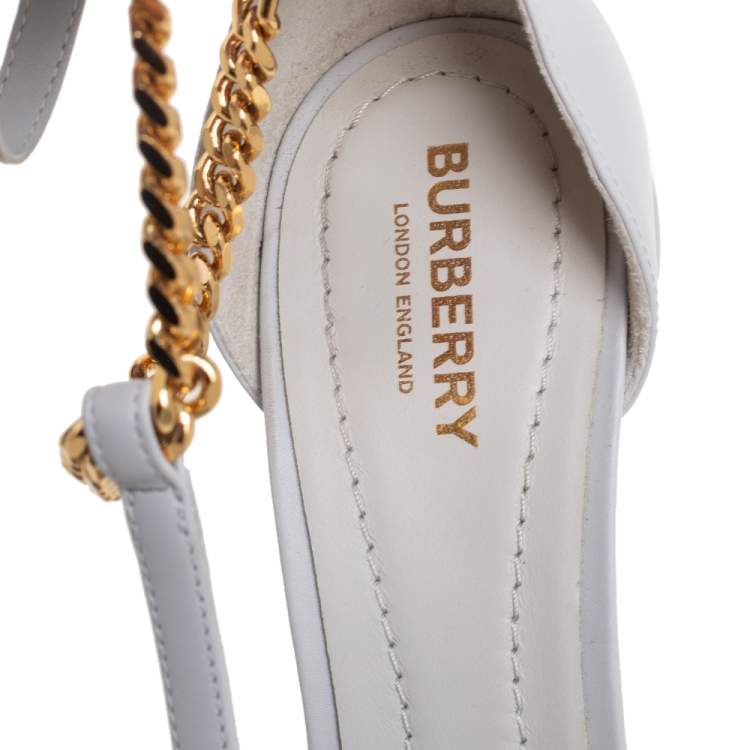 Pre Owned Burberry Grey Leather Chain Detail Ankle Wrap Pointed-Toe Pumps Size 39.5