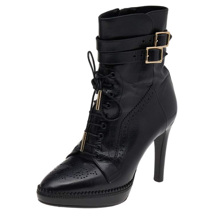 Pre Owned Burberry Black Leather Ankle Length Boots Size 36.5