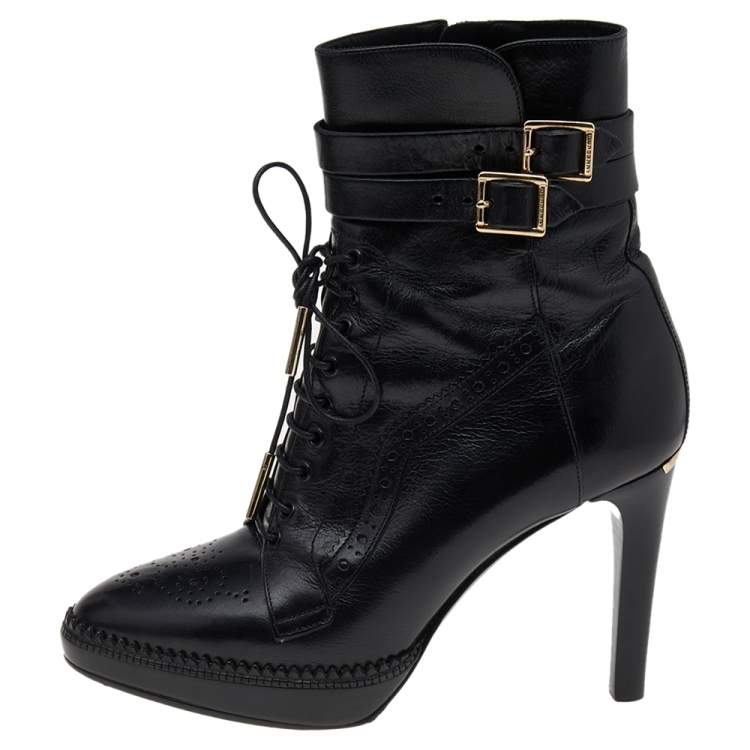 Pre Owned Burberry Black Leather Ankle Length Boots Size 36.5