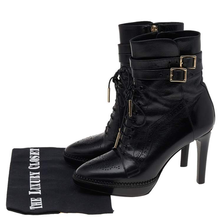 Pre Owned Burberry Black Leather Ankle Length Boots Size 36.5