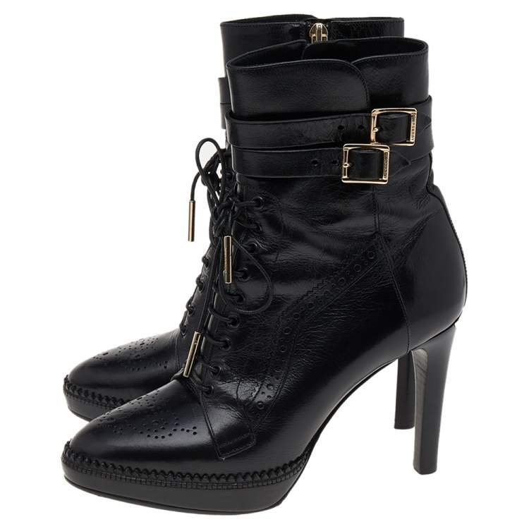 Pre Owned Burberry Black Leather Ankle Length Boots Size 36.5