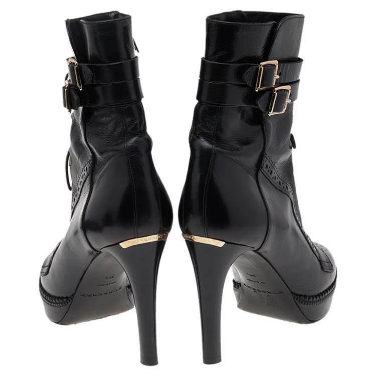 Pre Owned Burberry Black Leather Ankle Length Boots Size 36.5