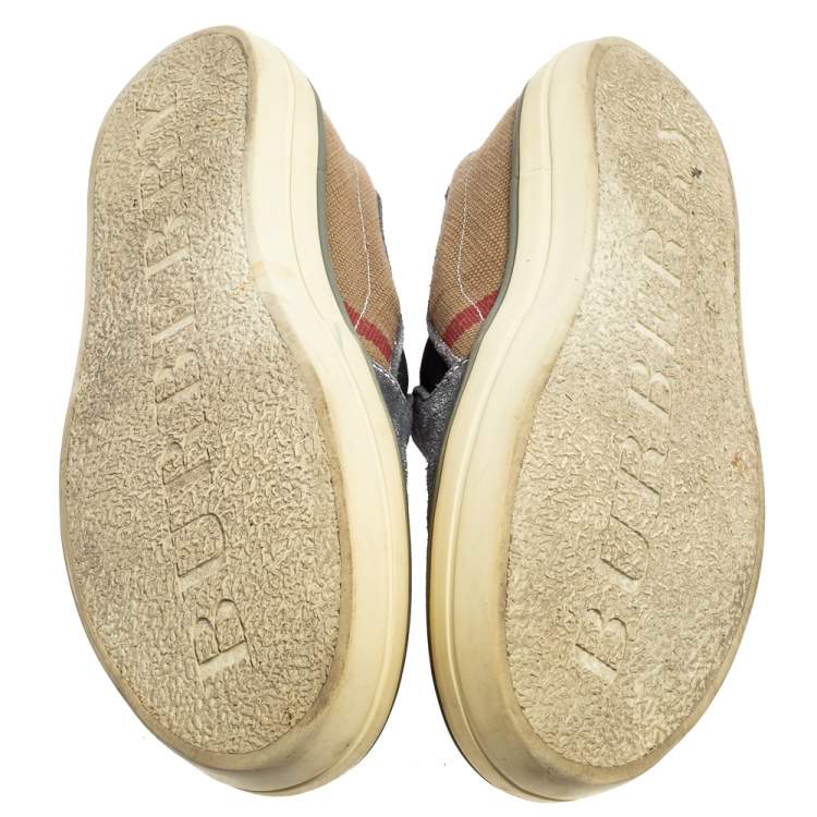 Pre Owned Burberry Ash Blue Suede and House Check Canvas Slip-On Sneakers Size 36.5