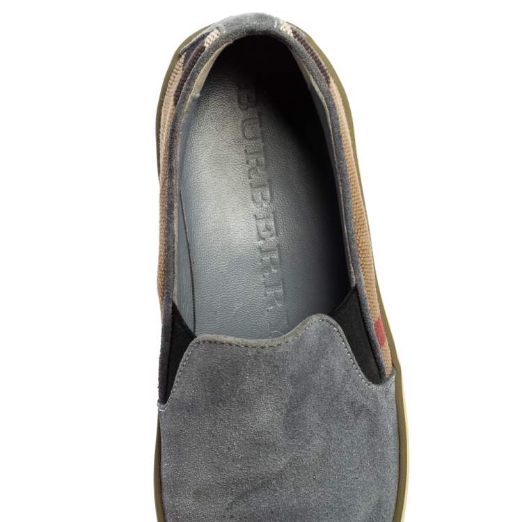 Pre Owned Burberry Ash Blue Suede and House Check Canvas Slip-On Sneakers Size 36.5