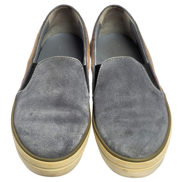 Pre Owned Burberry Ash Blue Suede and House Check Canvas Slip-On Sneakers Size 36.5