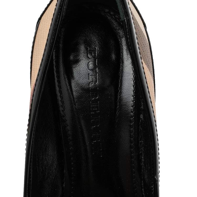 Pre Owned Burberry Black/Beige Nova Check PVC and Patent Leather Buckle Peep Toe Pumps Size 40