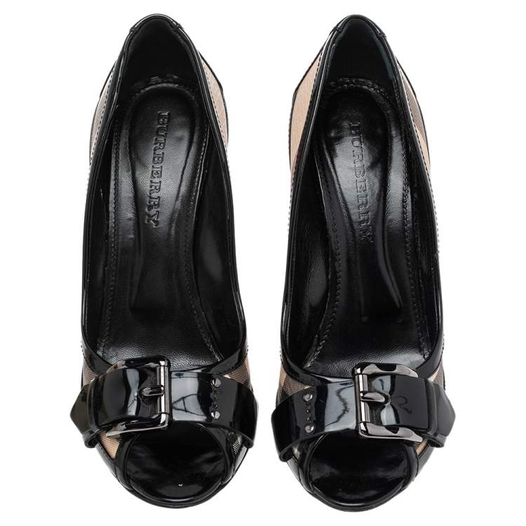 Pre Owned Burberry Black/Beige Nova Check PVC and Patent Leather Buckle Peep Toe Pumps Size 40