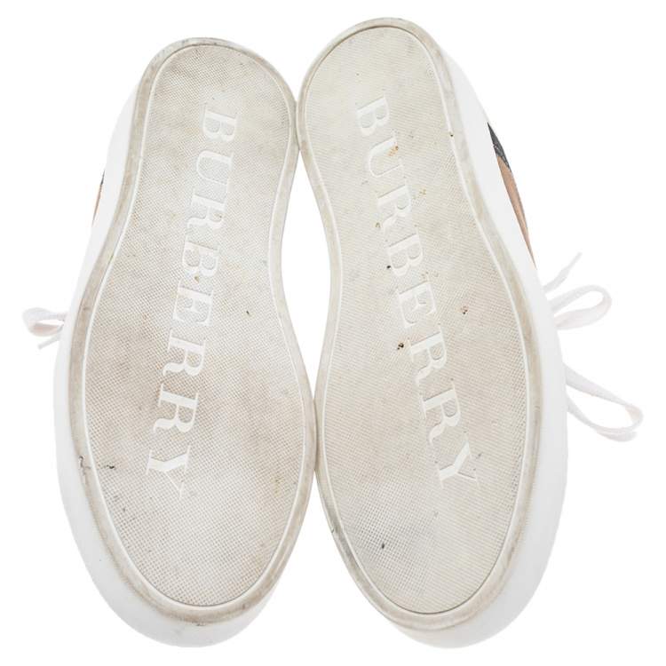 Pre Owned Burberry White/Beige Nova Check Canvas And Leather Cap Toe Sneakers Size 39