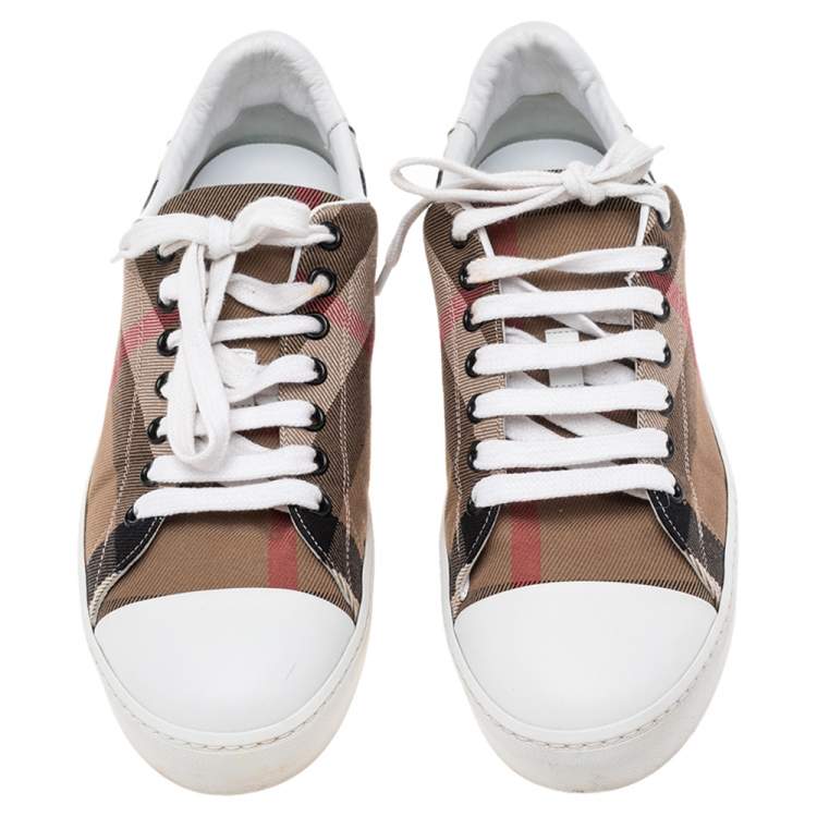 Pre Owned Burberry White/Beige Nova Check Canvas And Leather Cap Toe Sneakers Size 39