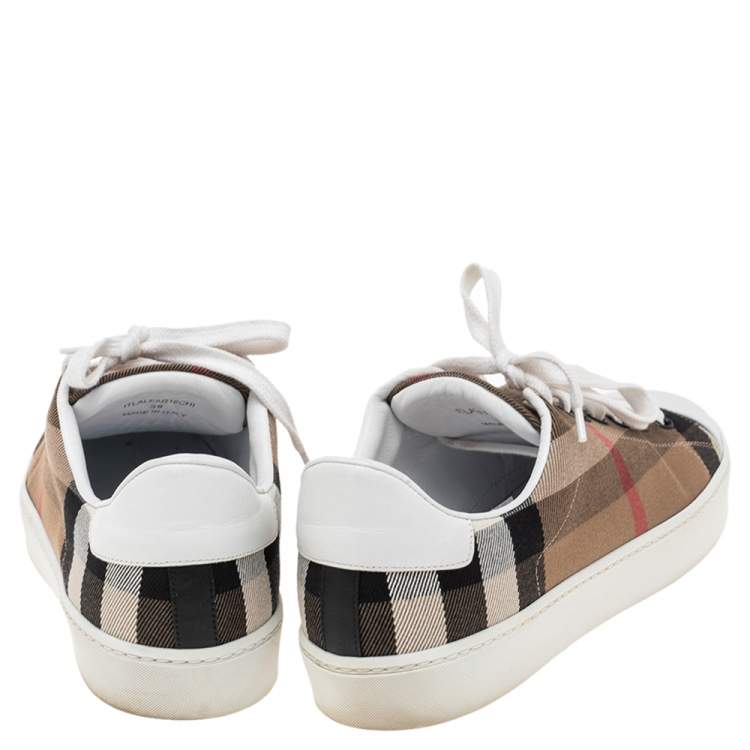 Pre Owned Burberry White/Beige Nova Check Canvas And Leather Cap Toe Sneakers Size 39