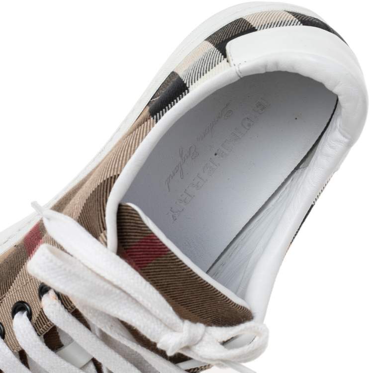 Pre Owned Burberry White/Beige Nova Check Canvas And Leather Cap Toe Sneakers Size 39