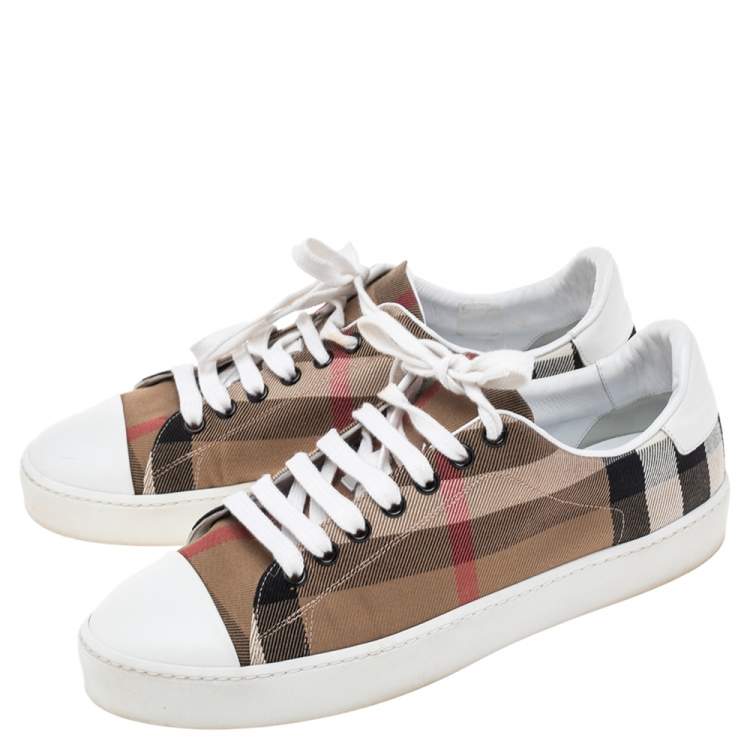 Pre Owned Burberry White/Beige Nova Check Canvas And Leather Cap Toe Sneakers Size 39
