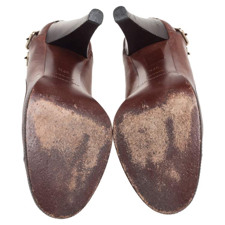 Pre Owned Burberry Brown Leather Buckle Block Heel Pumps Size 37.5