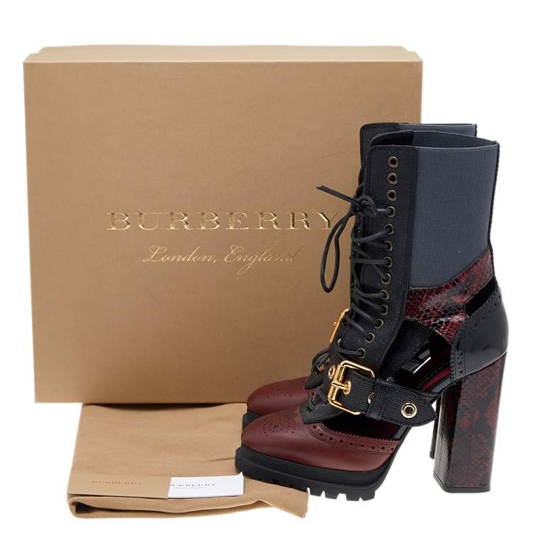 Pre Owned Burberry Black/Burgundy Leather and Snakeskin Leather Water Marsh Ankle Boots Size 39