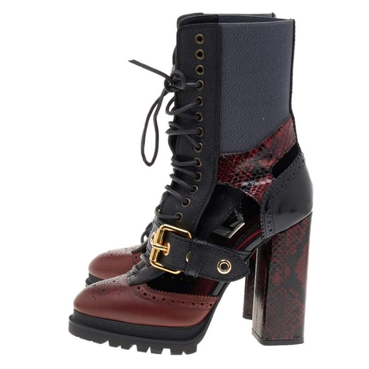 Pre Owned Burberry Black/Burgundy Leather and Snakeskin Leather Water Marsh Ankle Boots Size 39