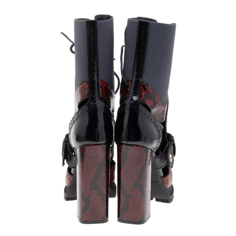 Pre Owned Burberry Black/Burgundy Leather and Snakeskin Leather Water Marsh Ankle Boots Size 39