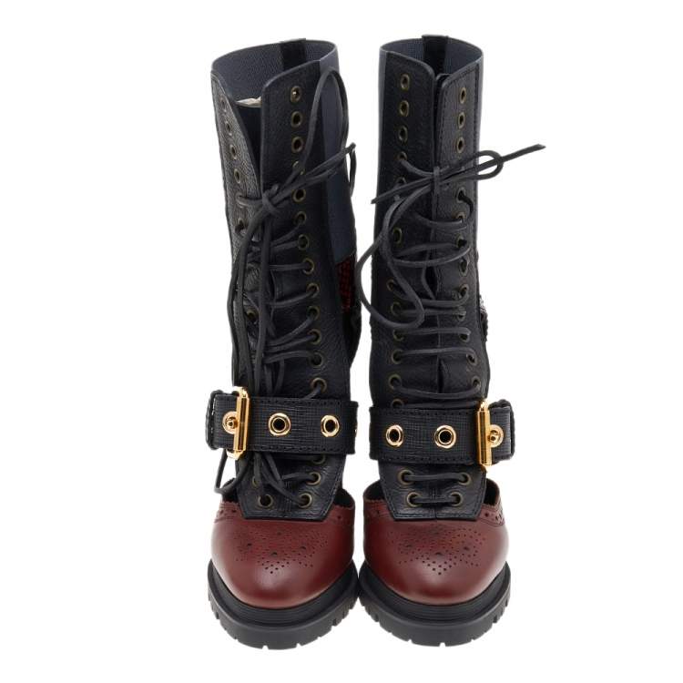 Pre Owned Burberry Black/Burgundy Leather and Snakeskin Leather Water Marsh Ankle Boots Size 39