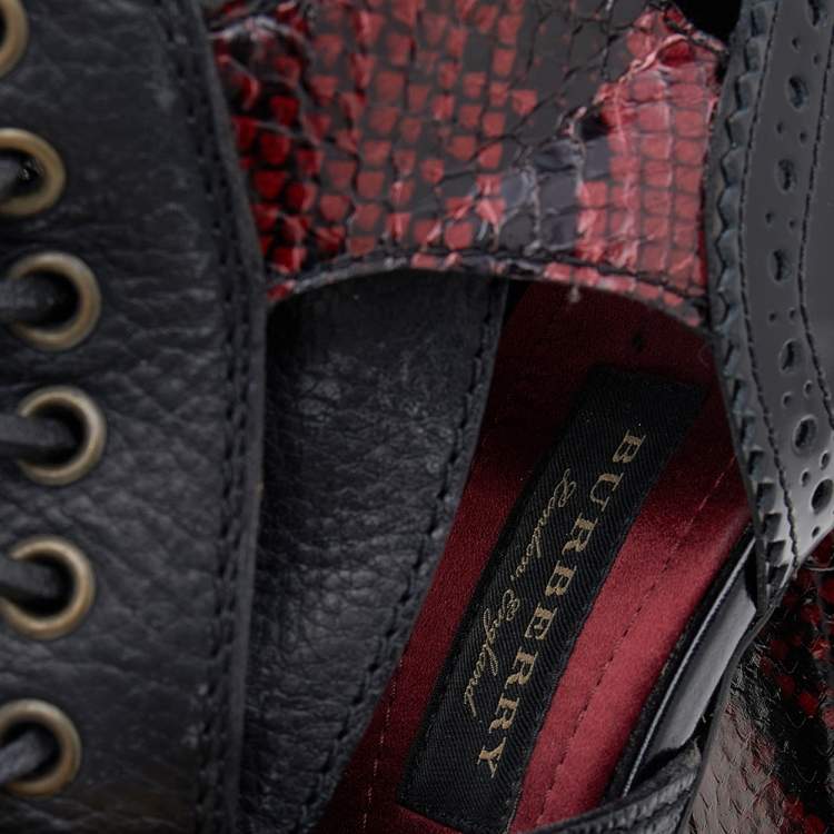 Pre Owned Burberry Black/Burgundy Leather and Snakeskin Leather Water Marsh Ankle Boots Size 39