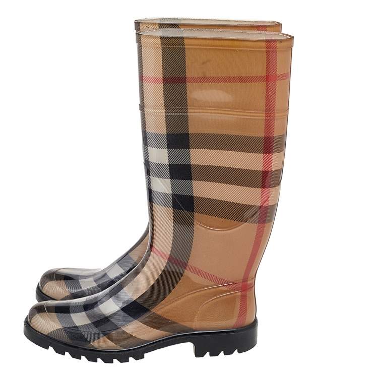 Pre Owned Burberry Brown Nova Check Rubber Rain Boots Size 36