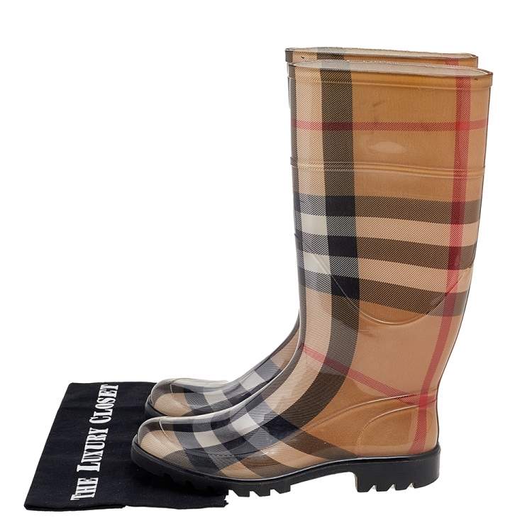 Pre Owned Burberry Brown Nova Check Rubber Rain Boots Size 36