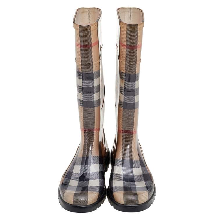 Pre Owned Burberry Brown Nova Check Rubber Rain Boots Size 36