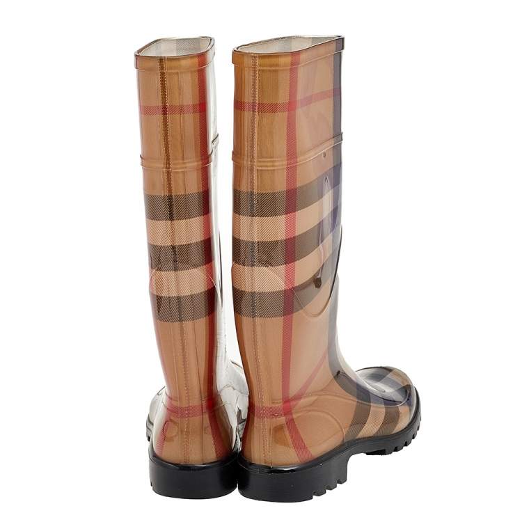 Pre Owned Burberry Brown Nova Check Rubber Rain Boots Size 36