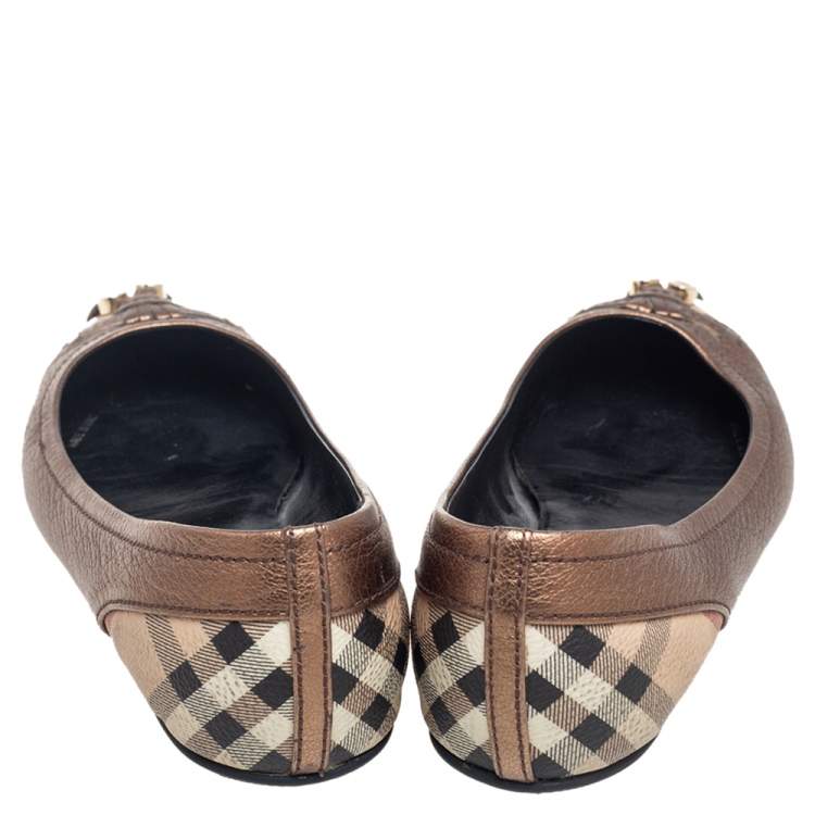 Pre Owned Burberry Bronze/Beige Leather and Nova Check PVC Charm Bow Ballet Flats Size 37