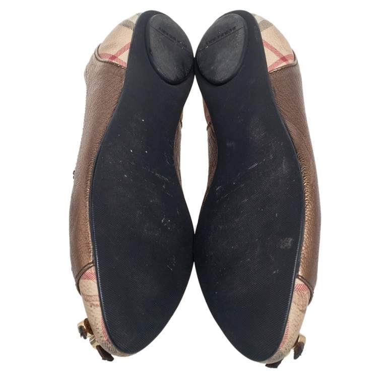 Pre Owned Burberry Bronze/Beige Leather and Nova Check PVC Charm Bow Ballet Flats Size 37